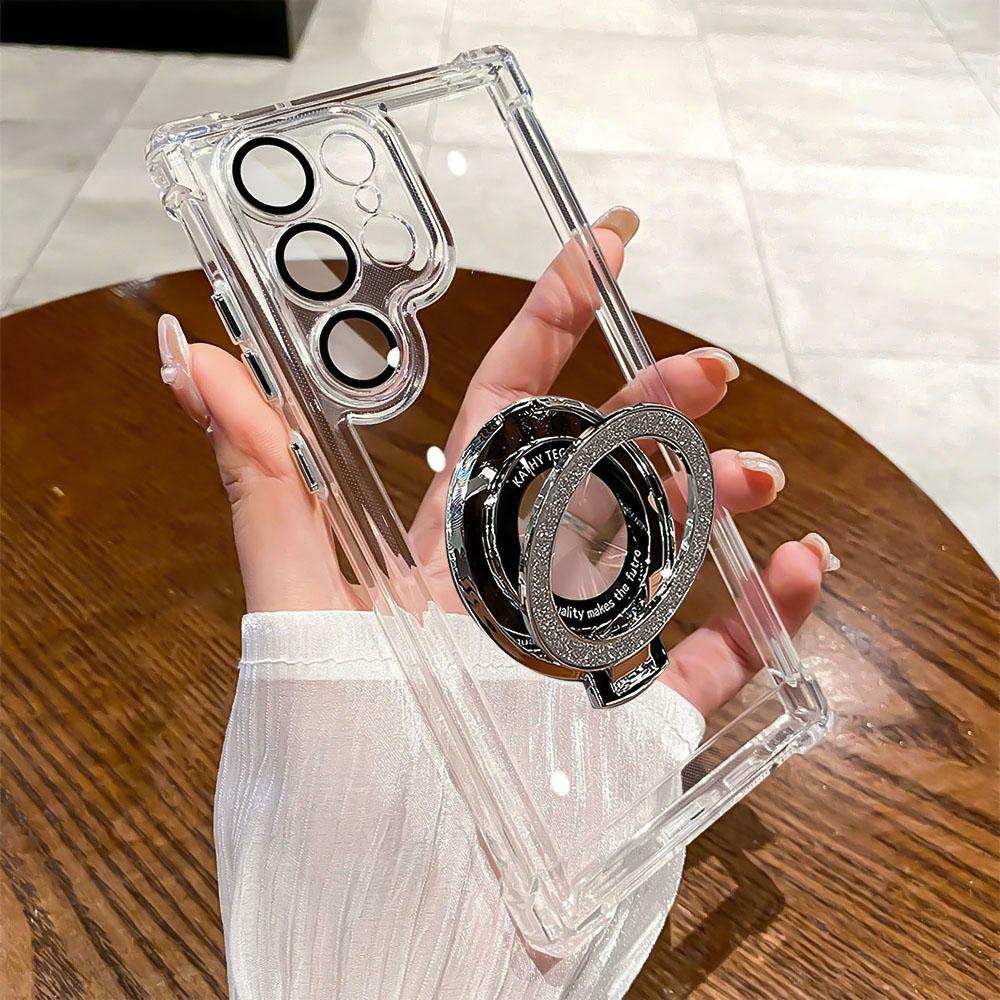 Luxury Plating Transparent Case For Samsung S25 Ultra S24 Plus S23 S22 S21 S20 FE For Magsafe Glitter Magnetic Stand Phone Cover