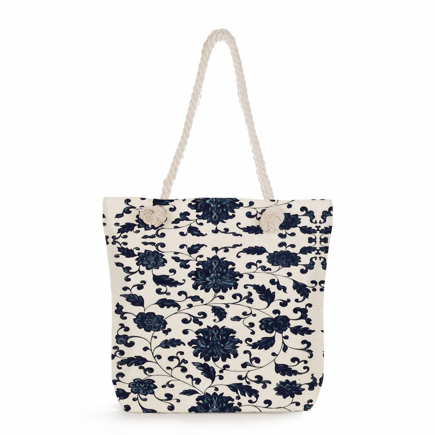 Multifunctional  Flower Printed Thick Rope Shoulder Beach Bag 7588