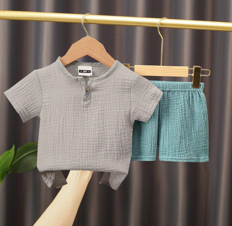 Boys Summer Two Piece Set Short Sleeve Button Shirt with Shorts Lightweight Breathable Cotton Linen Fabric Casual Outfit 100