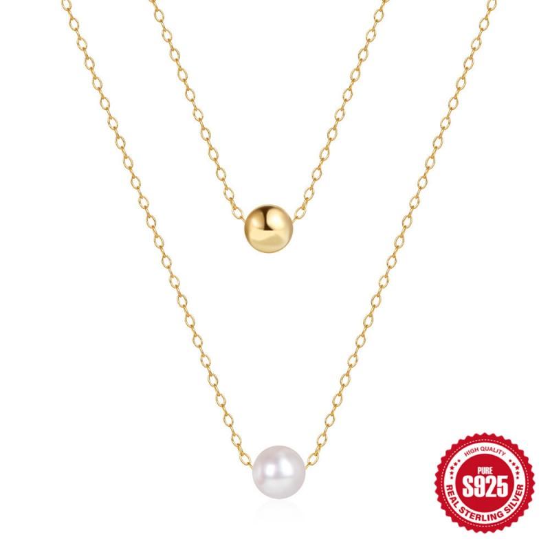 Adjustable 18K Gold Plated Sterling Layered Pearl Bead Pendant Necklace Women O-Link Chain Daily Fashion Jewelry