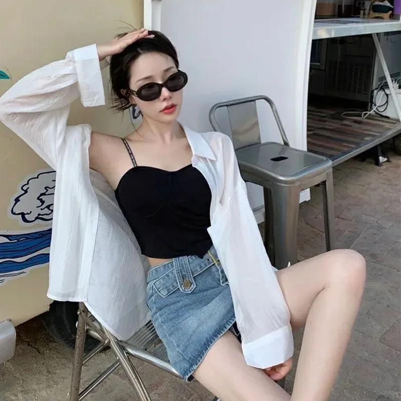 Thin Long Sleeve Sunscreen Shirt Woman Back Split Lace Up White Shirts Women Casual Loose Holiday Beach Blouse