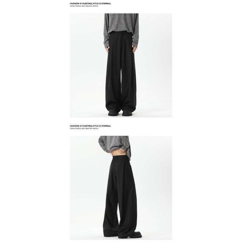 Men Black Pleated Loose Wide Leg Straight Casual Suit Pants