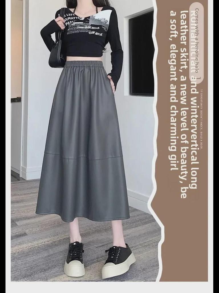 2024 Autumn/Winter PU Leather Midi Skirt - Versatile Fashion with Elastic Waist and Umbrella Design.