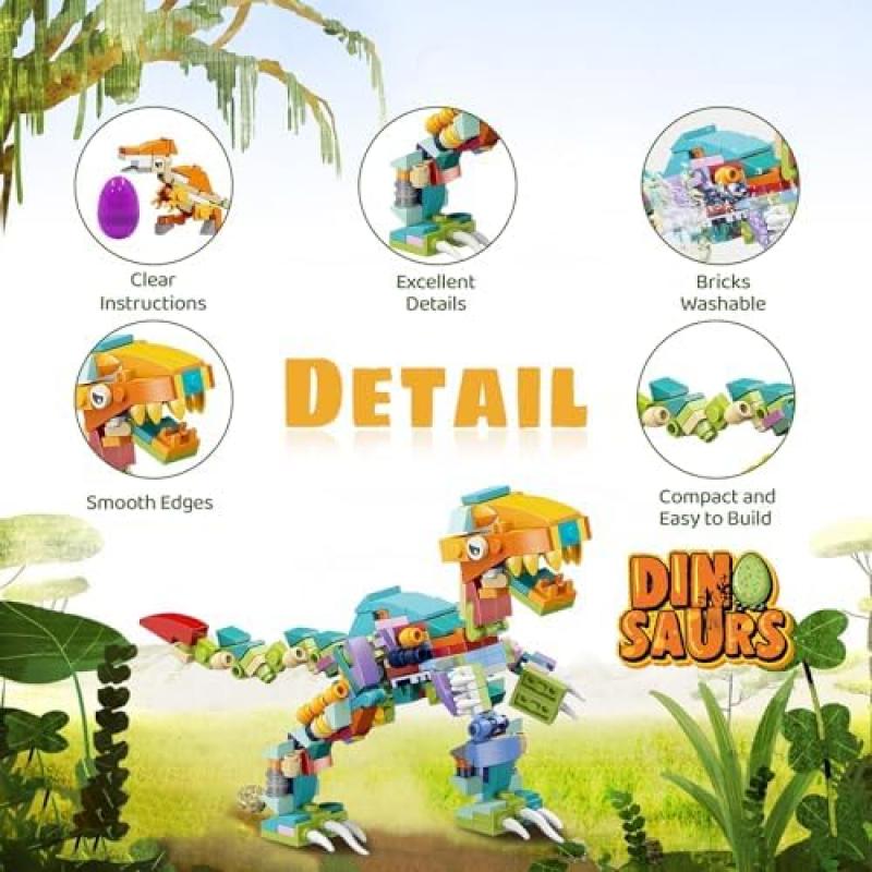 Prefilled Dinosaur Easter Eggs, 12-in-1 DIY Dino Building Toy Set, Fillable Easter Basket Stuffers Kids Toys for Boys and Girls