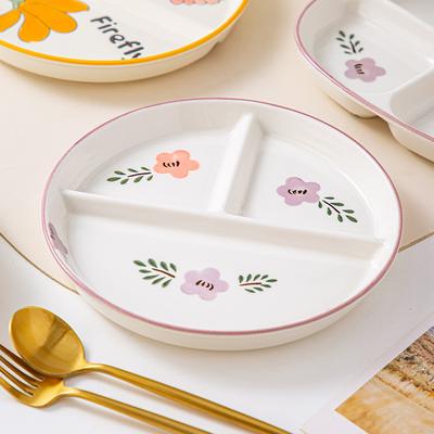 Three Dividing Plate Ceramic Household Japanese New High Aesthetic Plant Print Dining Plate Popular Adults Loss Weight Tableware