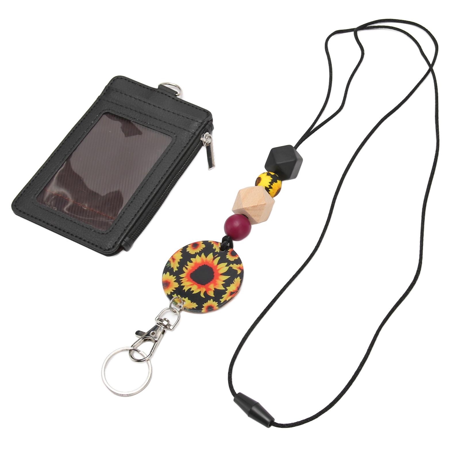 

Badge Holder Vertical PU Leather ID Badge Holder with Lanyard Silicone Bead Separation Hanging Rope