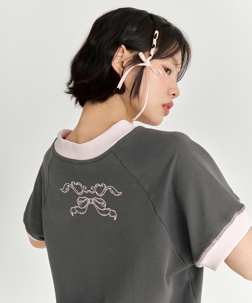 ADOREBELLE V-Neck Ribbon Sweatshirt - Charcoal