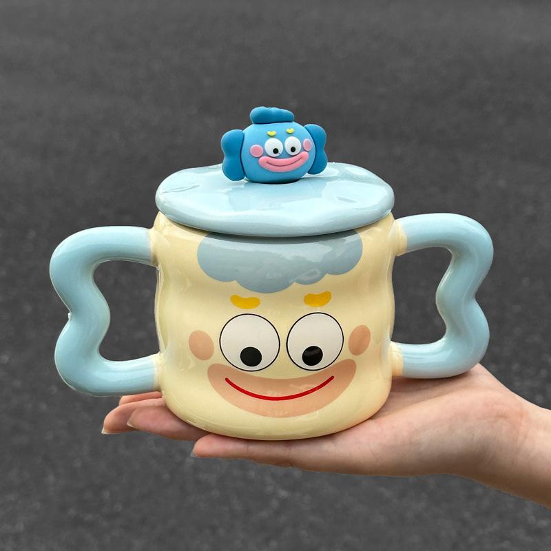Cute Mug Ceramic Cup with Lid Spoon Boys and Girls Household Water Cup Coffee Milk Cup Birthday Gift