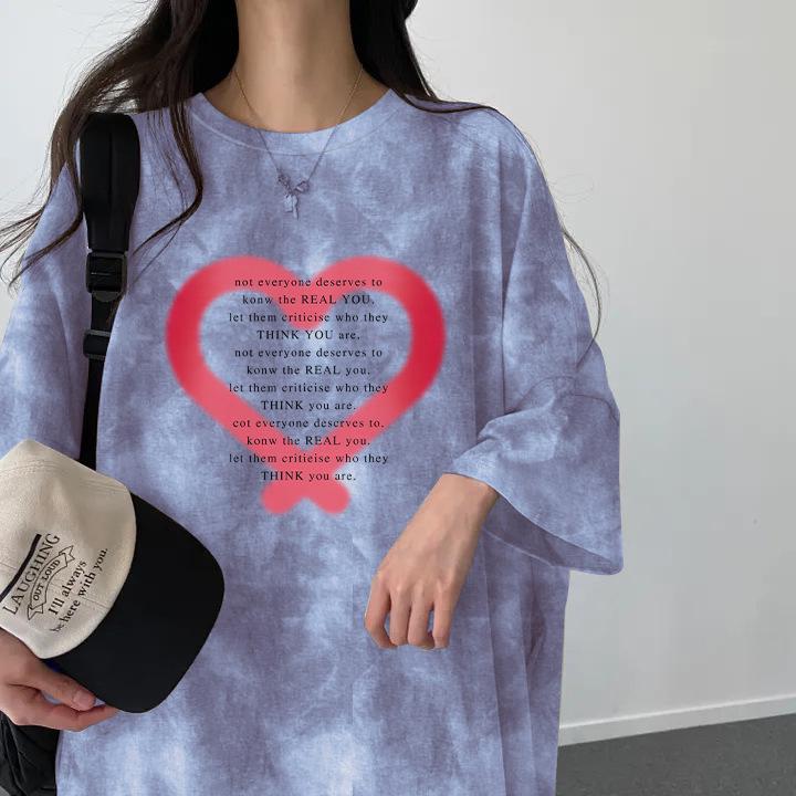 

Корейское платье-футболка с коротким рукавом свободного кроя в стиле тай-дай для женщин - Новый летний повседневный стиль 2024 L королевский синий