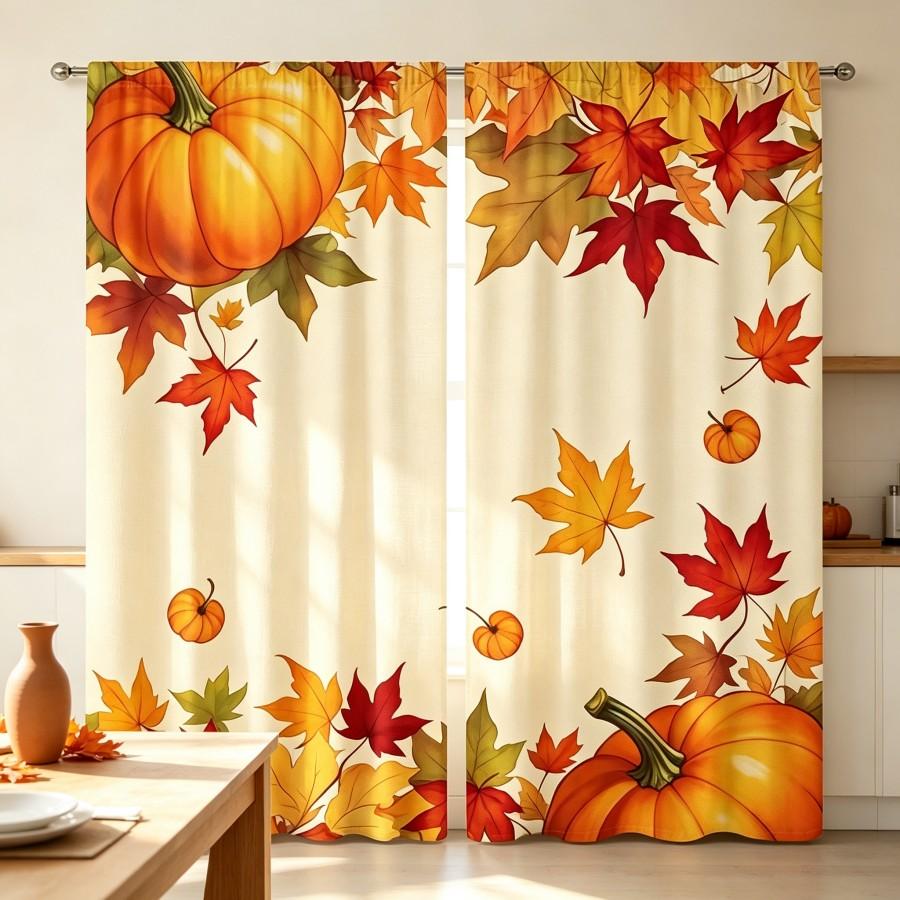 2PCS Digital Print Curtain, Diagonal Large Pumpkin Halloween Fall, Bold Autumn Spooky for Living Room Bedroom Kitchen Decor