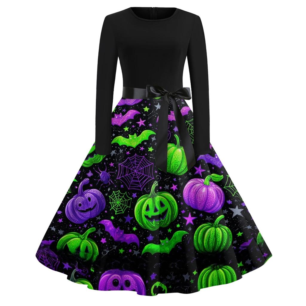 Women's Vintage Long Sleeve Round Neck Dress Halloween Printed Party Dress with Bow Waist Tie and Flared Skirt Suitable for Evening Events