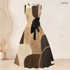 Women Plus Size Two Piece Set Abstract Printed 3 4 Sleeve Open Cardigan Sleeveless Round Neck Tie Waist Flared Dress