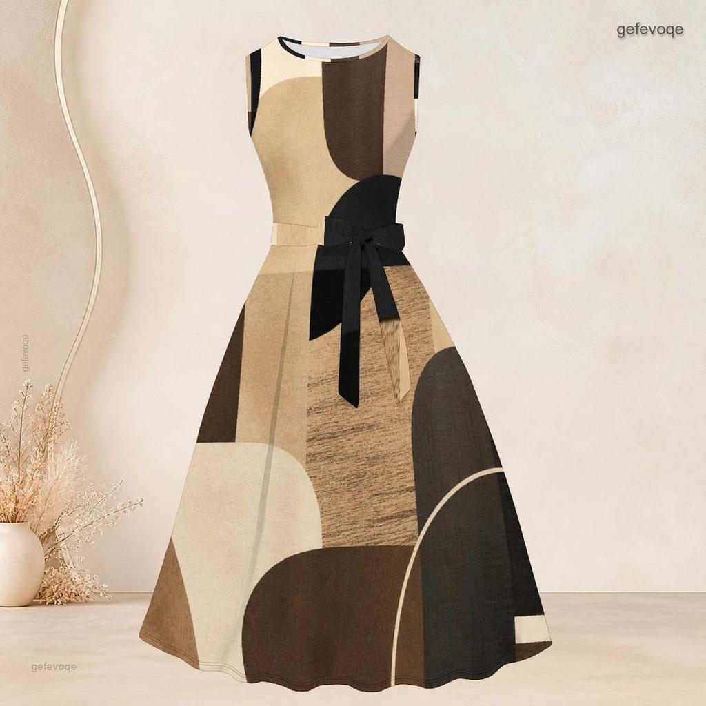 Women Plus Size Two Piece Set Abstract Printed 3 4 Sleeve Open Cardigan Sleeveless Round Neck Tie Waist Flared Dress