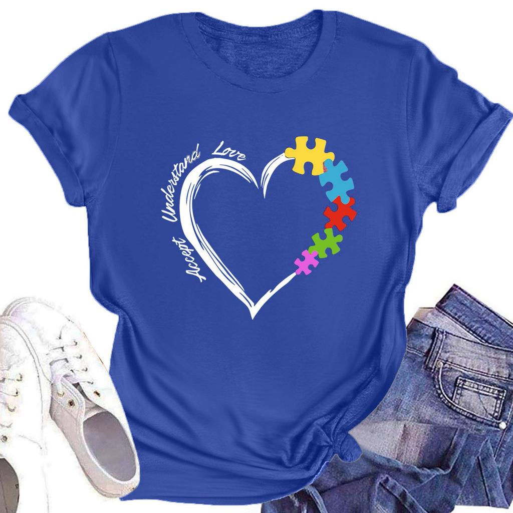 Damski casualowy codzienny T-shirt z okrągłym dekoltem, z nadrukiem, z krótkim rękawem, top z literami