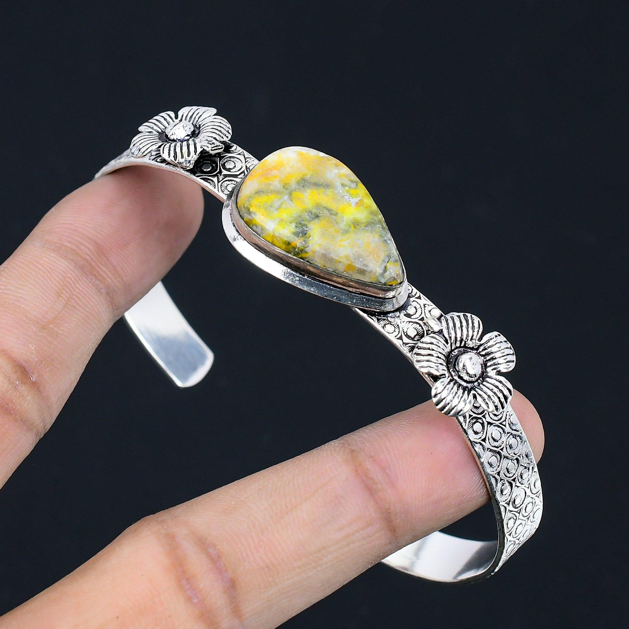 

Daughters Day Sale Sterling Silver Bumble Bee Jasper Stone Flower Bangle Jewelry Adjustable