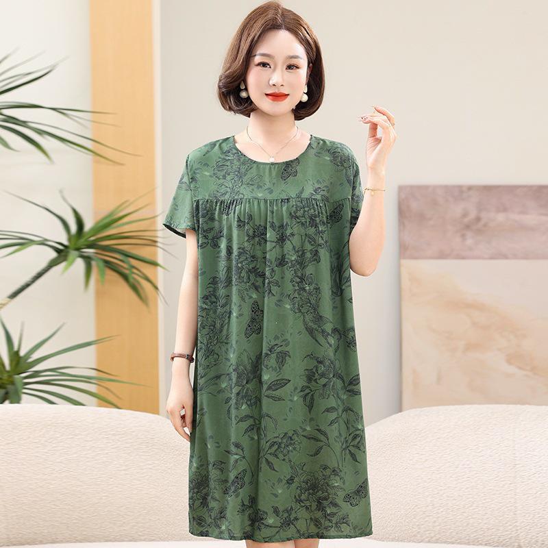 Floral Print Cotton Silk Knee-Length Dress for Middle-Aged Women – Lightweight, Short-Sleeved, Loose-Fit, Plus Size