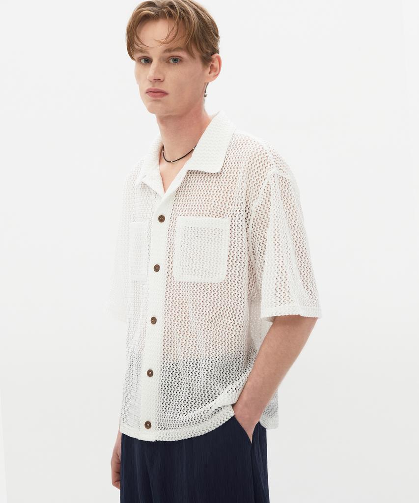 TRILLION Oversized Crochet Net Collar Short Sleeve Knit (White)
