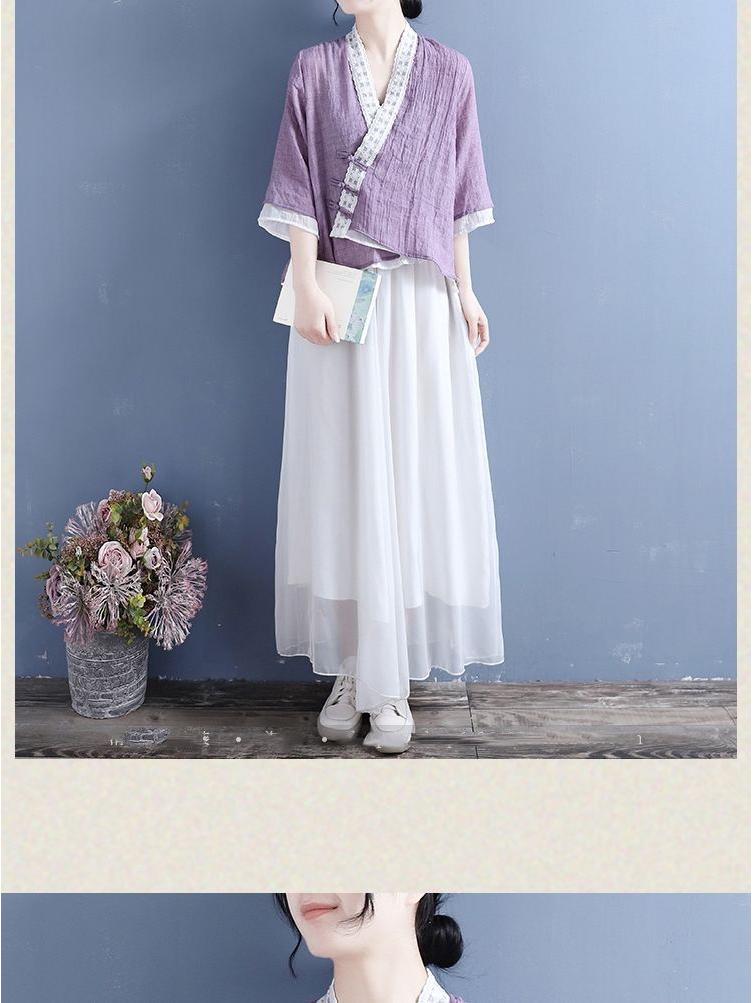 Women's Cotton Linen V-Neck Cardigan - Loose Fit, 3/4 Sleeve, Summer Retro Color Block Design