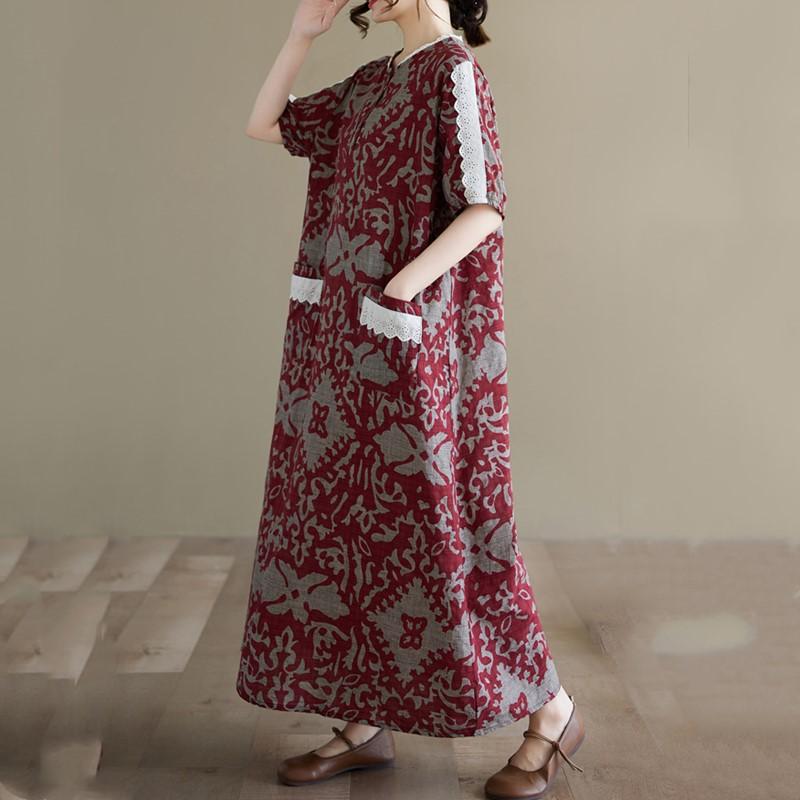 Short sleeve Plus size Cotton linen vintage floral new in dresses for women casual loose long summer dress