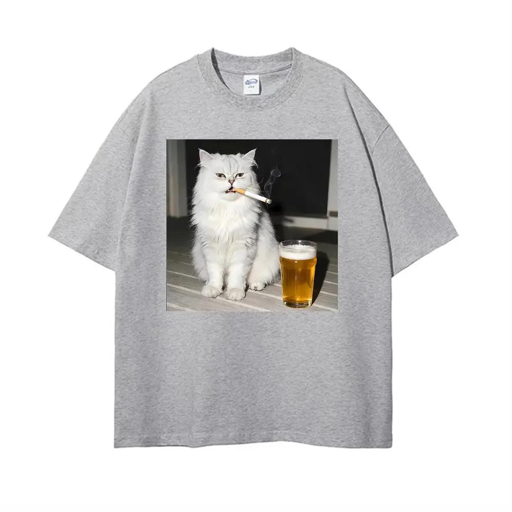 Fun Persian Cat Retro TShirt Smoking and Drinking Unisex Short Sleeve Casual Cool and Stylish Unisexs and Womens TShirt
