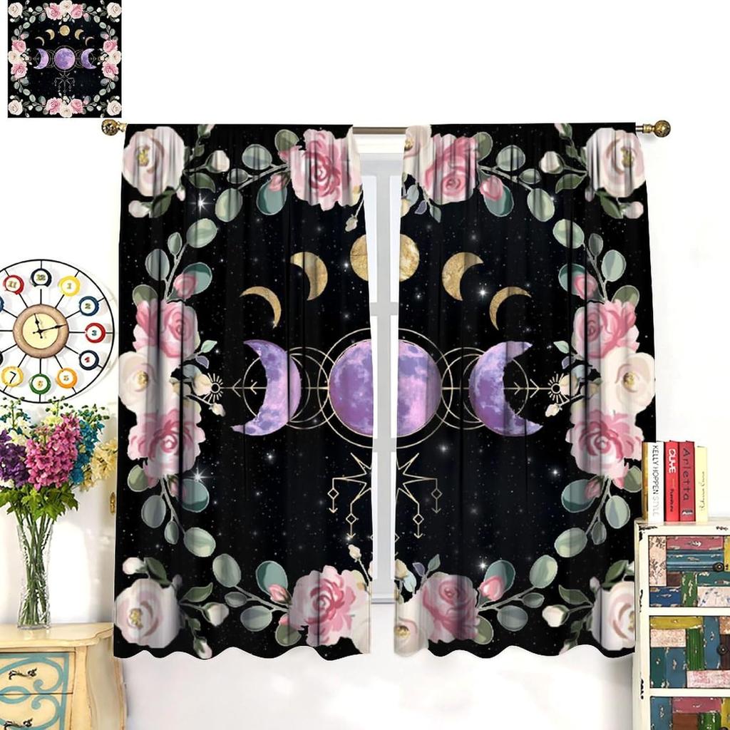 Boho Moon Decor Curtains,Magic Moons and Stars Boho Pattern for Home Kitchen Restaurant Decoration Window Curtain 2Panel