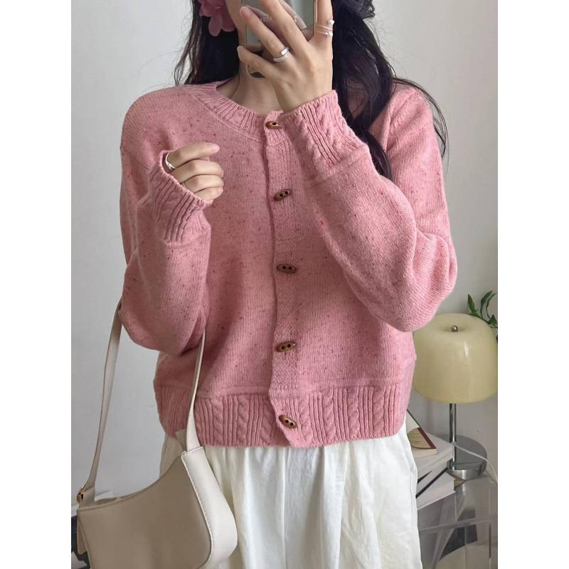 

Autumn new round neck flower dot knitted cardigan loose and thin design short sweater women s coat one size fits all розовый