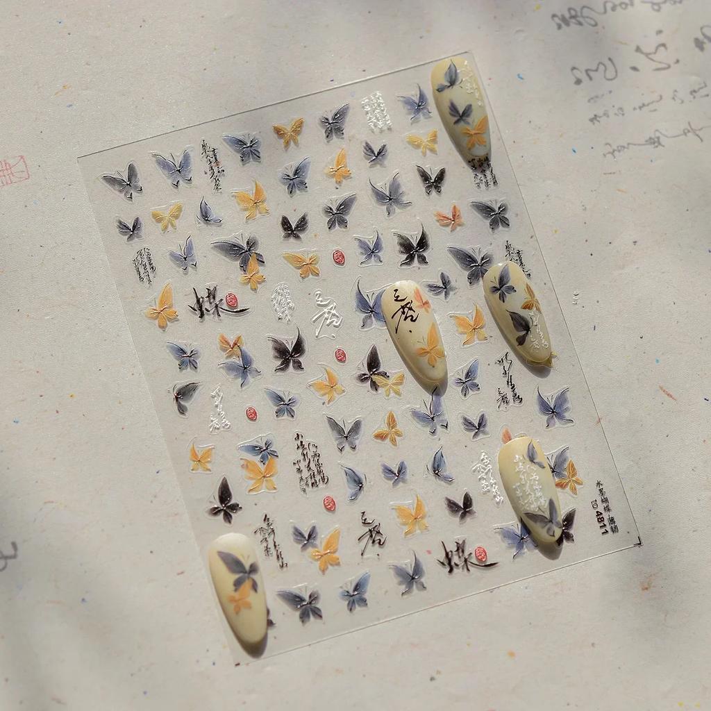 Shiny Jelly Butterfly Charming Golden Gradient Bowknot 5D Self Adhesive Nail Art Sticker Flower Petal Rhinestone Manicure Decals