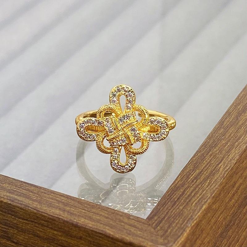 Medieval Vintage Brushed Zircon Chinese Knot Belt Open Ring Light Luxury Retro Ring