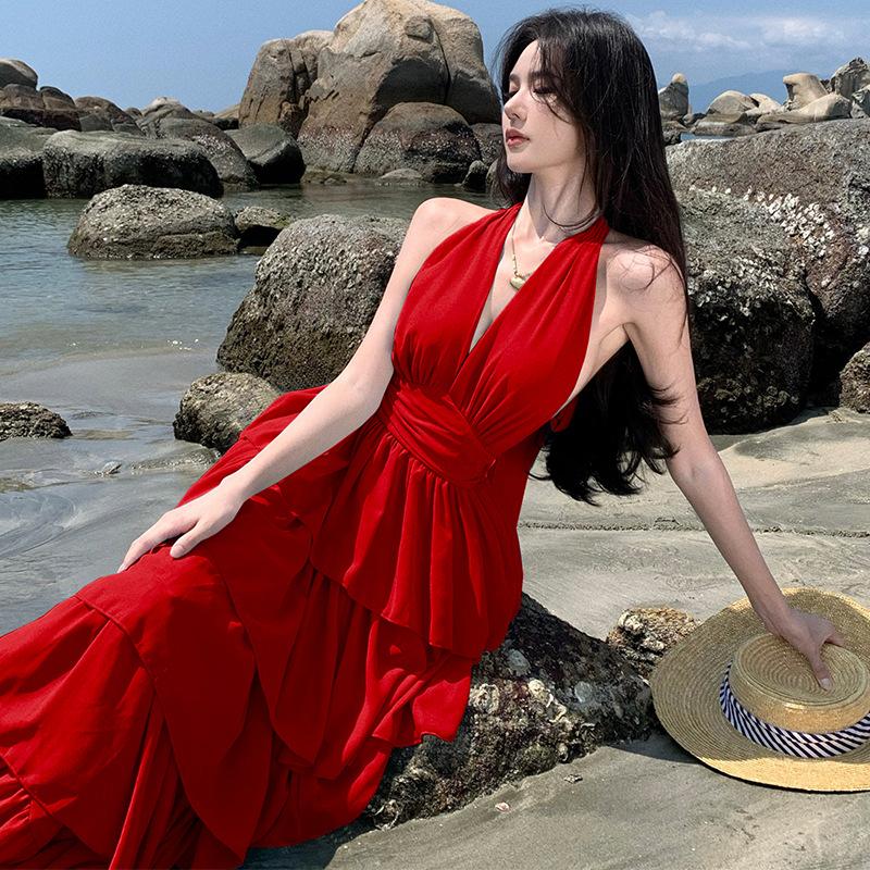 Sexy pure desire V-neck suspender sleeveless dress 2026 new thin backless straps Spice girl long dress cake dress