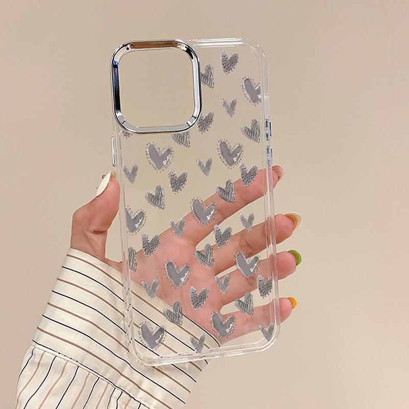 Luxury Electroplating Lens Frame Cute Love Heart Case For iPhone 16 15 14 Pro Max Plus 12 13 Pro 11 Clear Shockproof Phone Cover