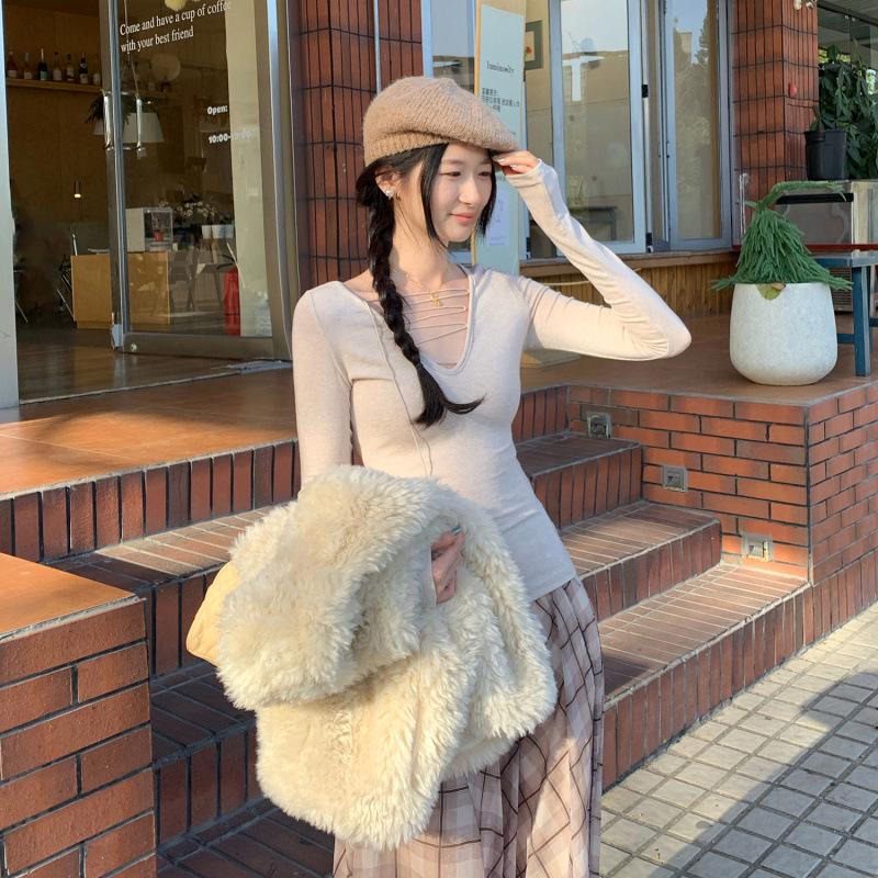 Women s Lyocell Tencel Wool Lace-up V-Neck Slimming Base Layer Top for Autumn/Winter M бежевый