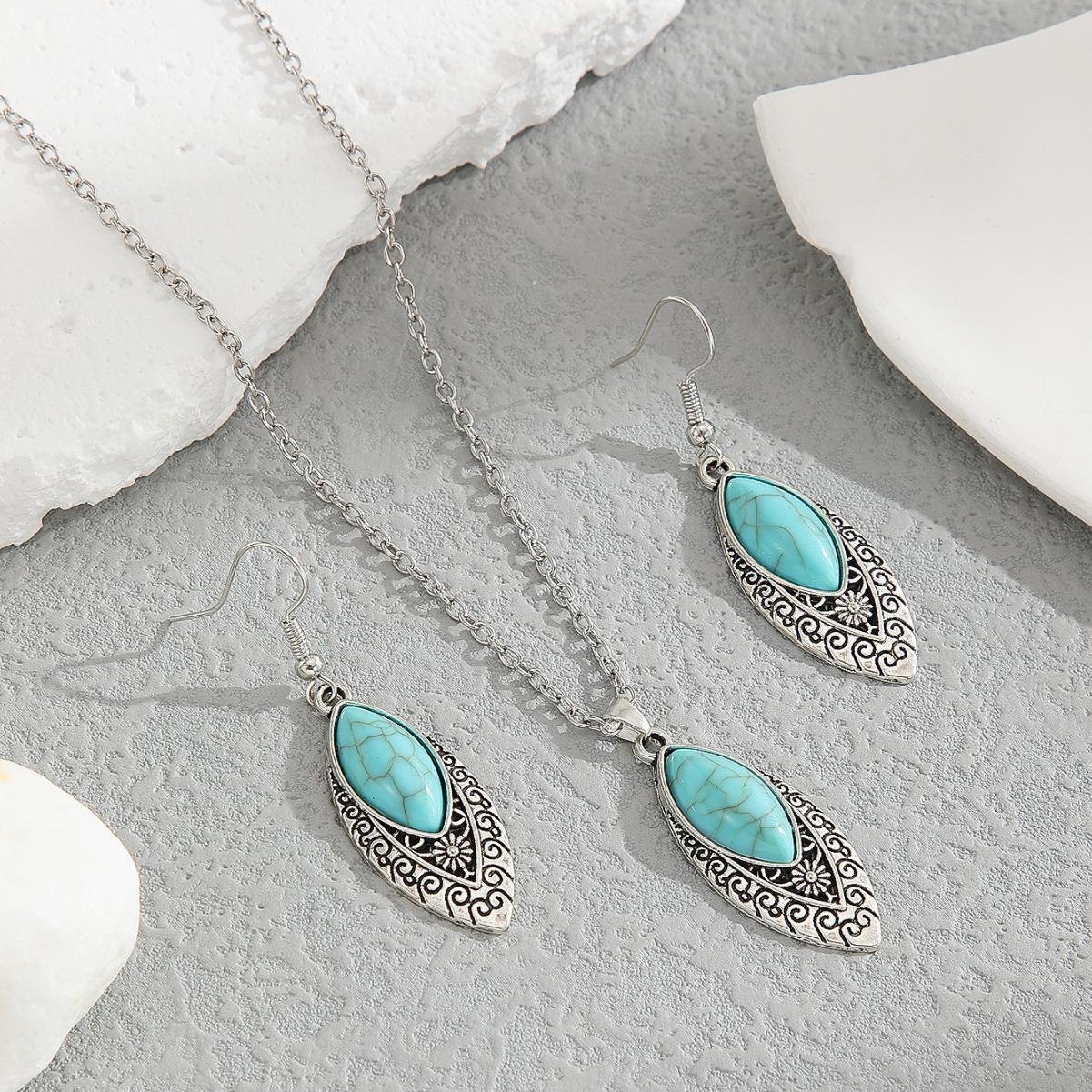 

Богемный Экзотический Этнический Стиль Серьги Ожерелье Набор Персонализированный Полый Инкрустированный Бирюзой Дизайн Цепочка для Ключиц