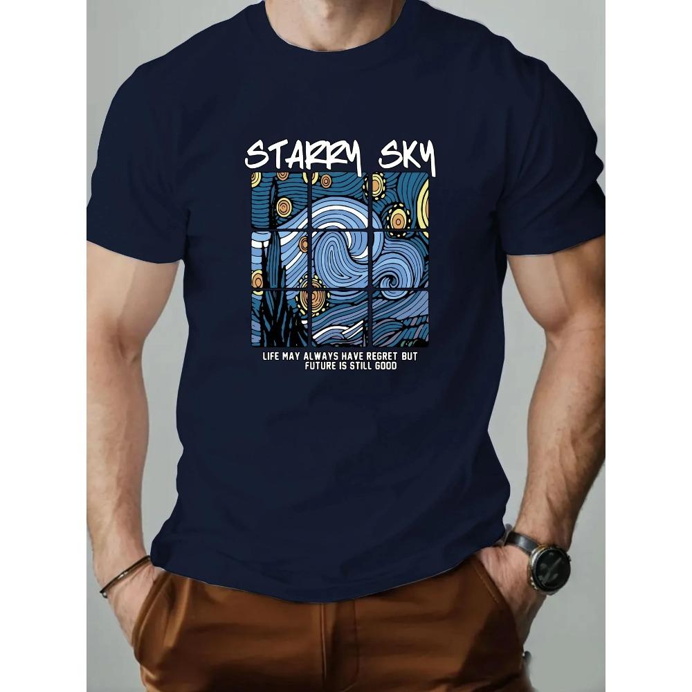 

T-Shirt Cotton Oil Painting Pattern Print Summer Oversized Round Neck Breathable Casual Short Sleeve Fashion T Shirt XXXL темно-синий