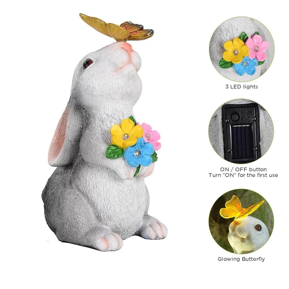 Solar Bunny Cat Statue Garden Decor LED Light Resin Animal Sculpture Figurine Outdoor Decoration for Courtyard