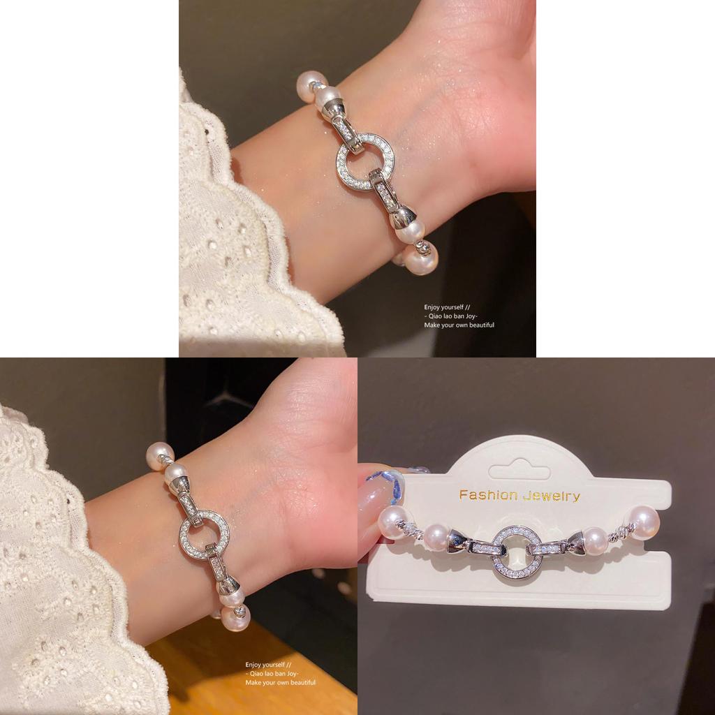 Geometric Zircon Artificial Pearl Bracelet With Silver Finish For Womens Fashion Accessories