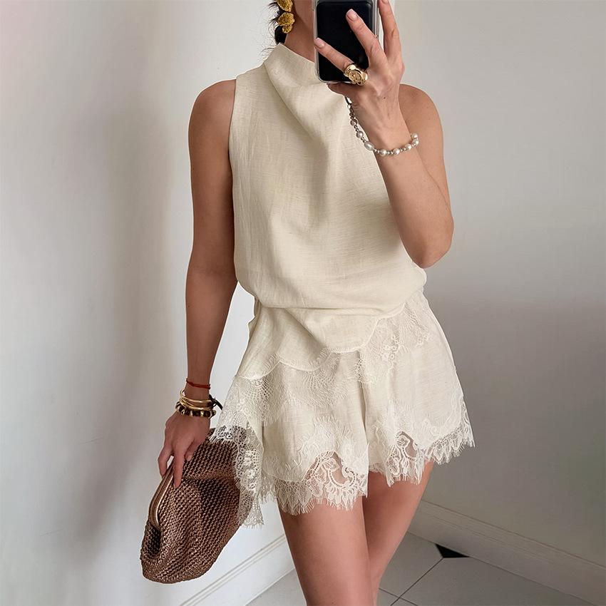Women s Sleeveless Halter Lace Trimmed Shorts Set Casual Solid Color Two Piece Outfit Summer S абрикосовый