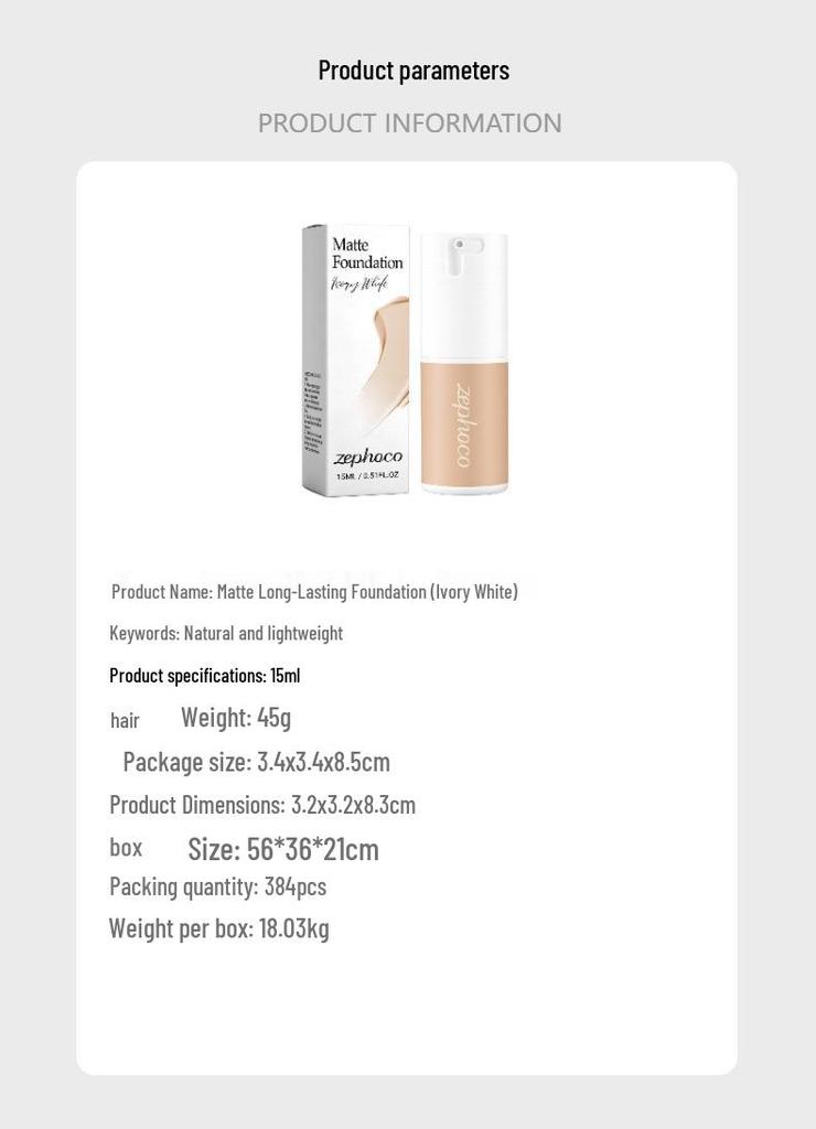 Zephoco Matte Long-Lasting Foundation - Ivory White (Moisturizing, Lightweight, Natural, Translucent, Easy To Blend).