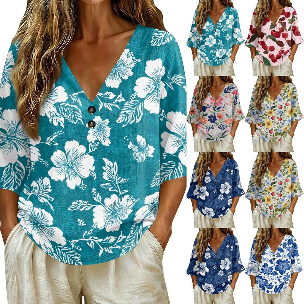 Women V Neck Vintage Floral Print Loose Fit Short Sleeve T Shirt Linen Blend Comfortable Casual Top for Daily Wear