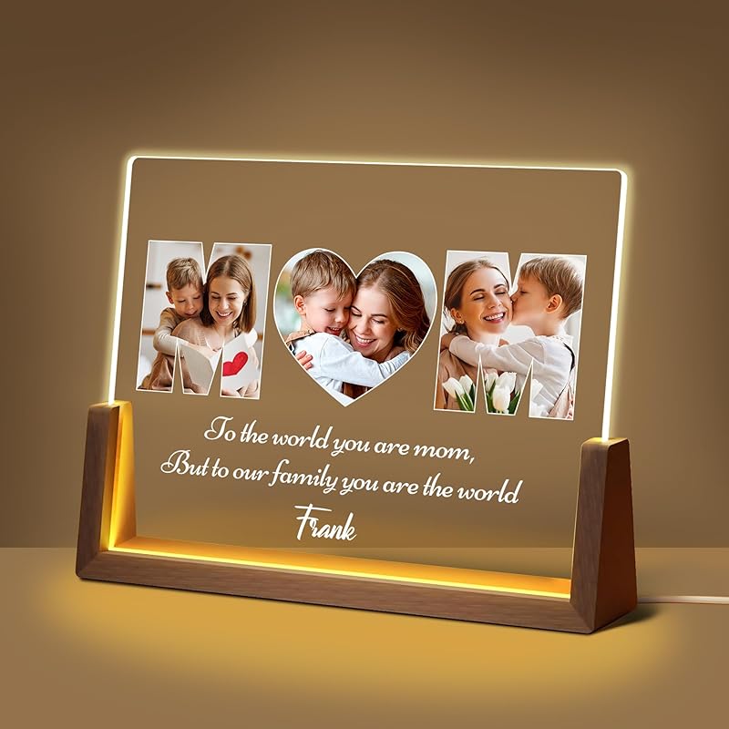 Personalized Mothers Day Unique Gifts for Mom Wife, Mom Gifts from Daughter Son Husband, Custom Acrylic Night Light Picture Frame with Photo Name,