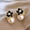 "Twilight Branch Going South" Black Camellia Tea with Zircon Pearl Stud Earrings Light Luxury Premium Earrings Temperament Earrings Women