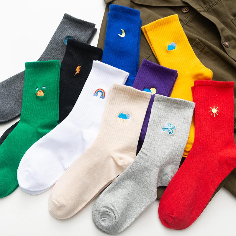 Popular Embroidery Cute Sun Cloud Moon Pattern Candy Color Socks Custom Women Girls Slouch Socks