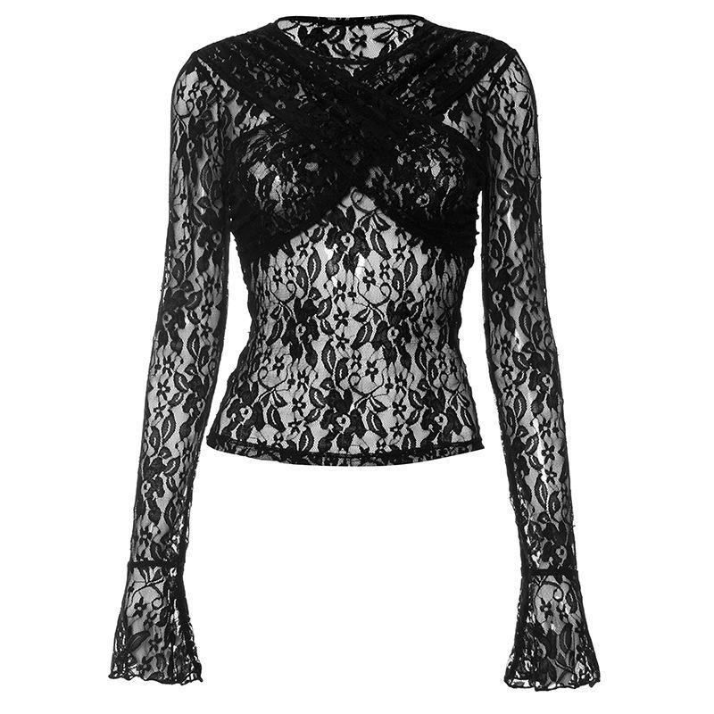 Fashion See Through Lace Round Neck Sexy T-shirt Women Cross Wrapped Chest Flare Sleeve T Shirts Woman Elegant Street Slim Fit Lady Tee Tops 26137