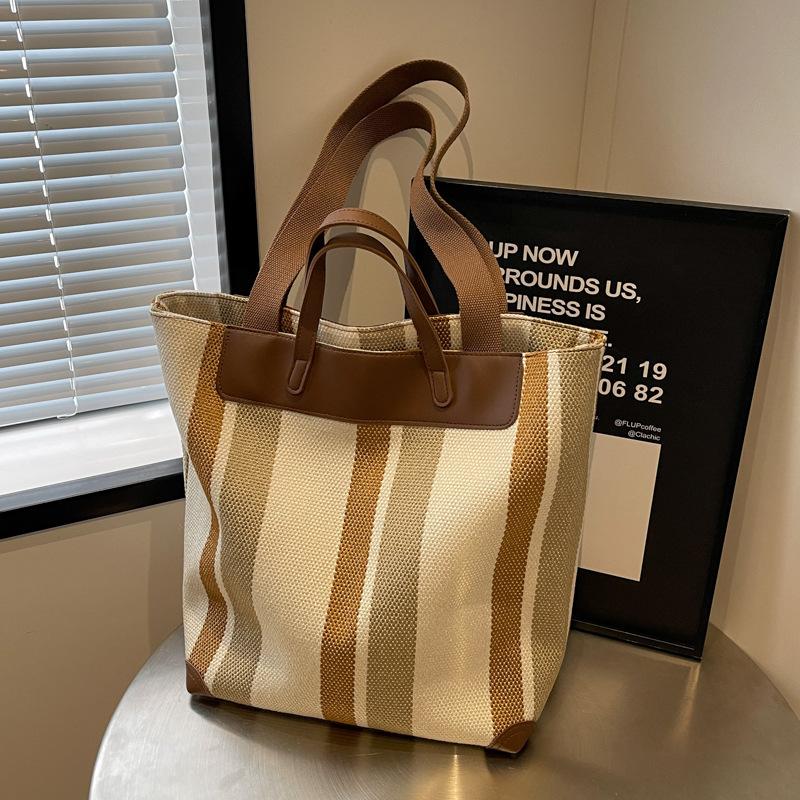 Large-capacity Class Bag Women's Summer New Contrasting Striped Handbag Versatile Shoulder Bag Tote Bag