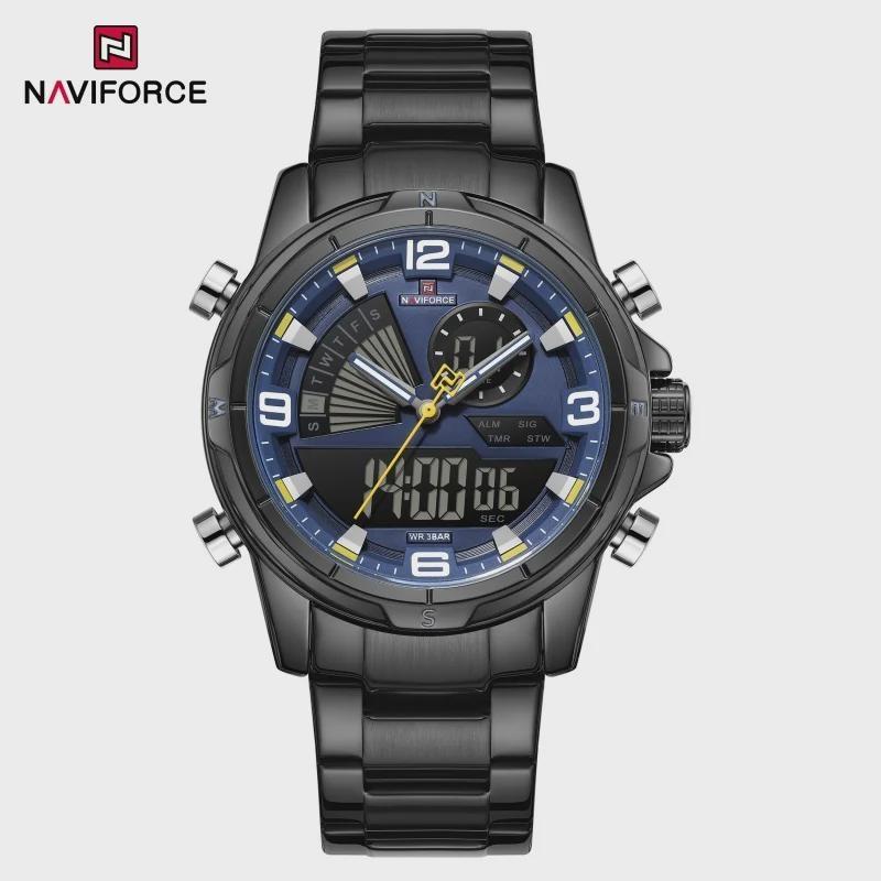 Mens Multifunctional Double-Display Watches Date Stainless Steel Watchband LED Luminous Mode Waterproof Wrist Watch