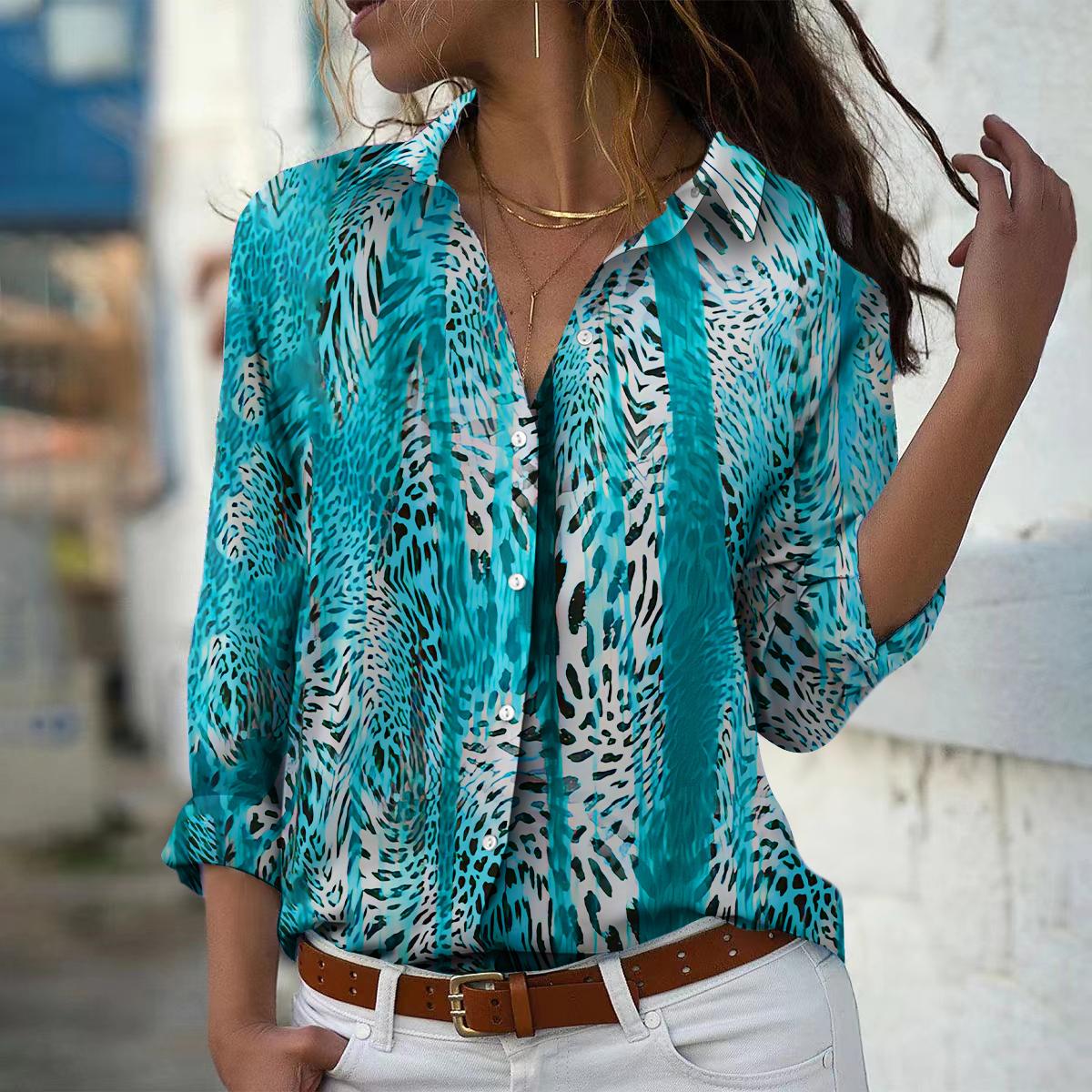 

Вертикальный леопардовый принт Женская блузка весна осень женская офисная женская рубашка на пуговицах с отложным воротником 8XL светло-синий