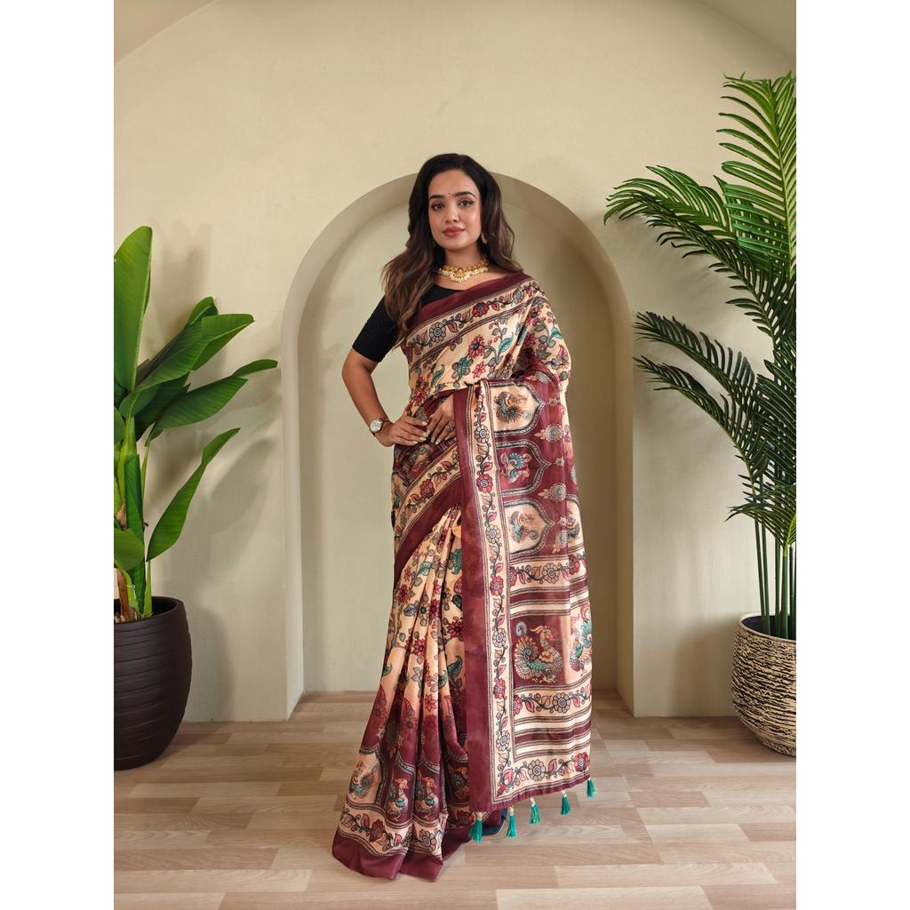 Pure Malai Cotton Saree with Big Border Digital Print Concept with Elegant Kalamkari Patterns with Contrast  Big Pallu with Tassels Attached