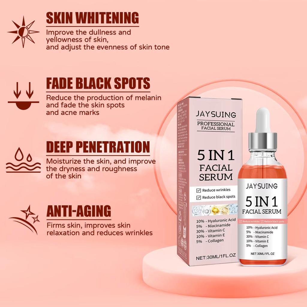5-in-1-Gesichtsserum, lässt feine Linien verblassen, strafft die Haut, verkleinert die Poren, spendet Feuchtigkeit und hellt das Gesichtsserum mit Vitamin C und Hyaluronsäure auf