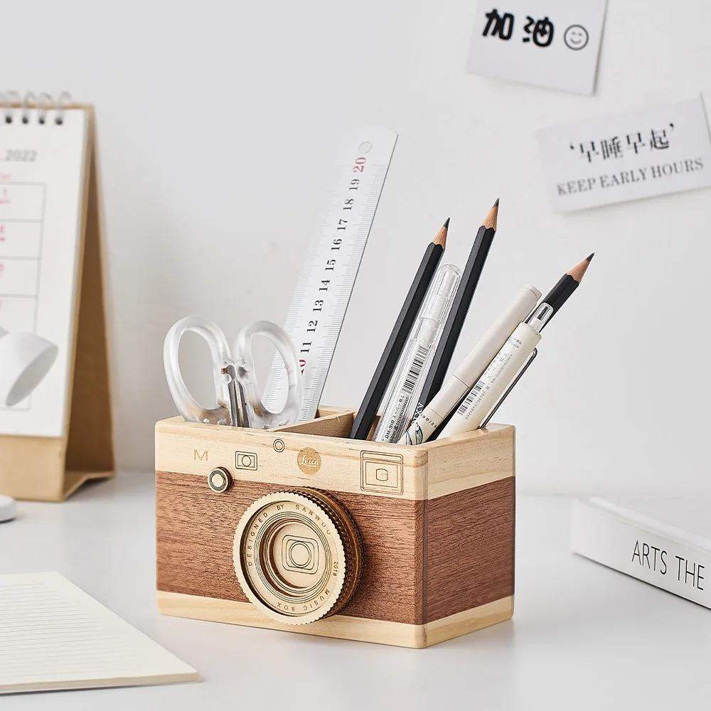 Artistic Camera Pen Holder Home Decor Retro Office Study Desk Decoration Stationery Container Wooden Crafts Gift for Students