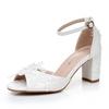 Schuhe Damen 7CM Weiß Spitze Perlenband Quadratischer Absatz Hohe Absätze Damen Sandalen mit Offener Zehenpartie Bankettkleid Damen Brautschuhe
