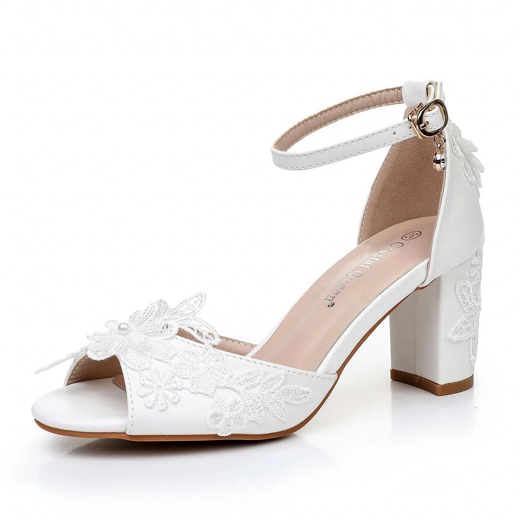 Schuhe Damen 7CM Weiß Spitze Perlenband Quadratischer Absatz Hohe Absätze Damen Sandalen mit Offener Zehenpartie Bankettkleid Damen Brautschuhe